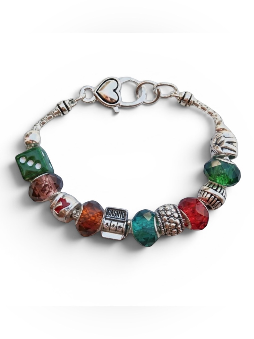 Lucky Charm Beaded Bracelet Colorful Glass Silver Tone 7.5” Heart Clasp